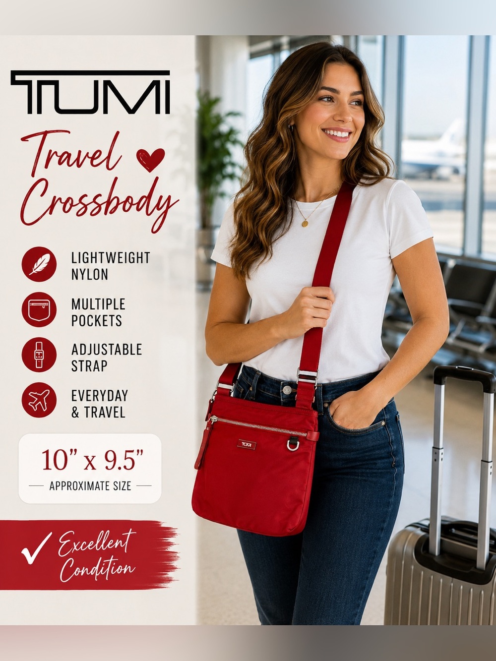 Tumi Red Nylon Crossbody Bag Travel Purse Organizer Lightweight Adjustable Strap